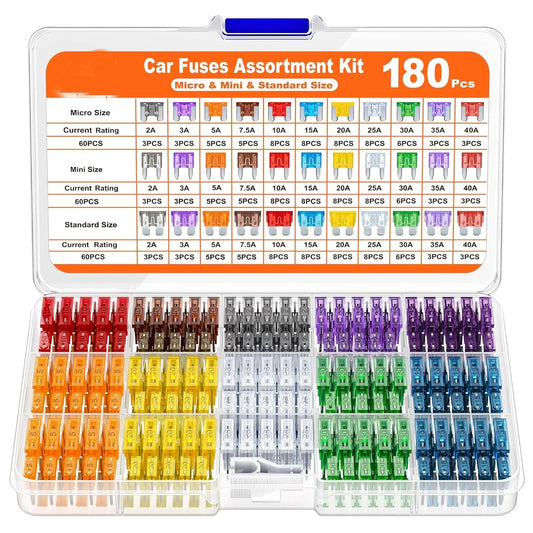 180Pcs Car Fuses Assorted Kit, 60 Mini Blade Car Fuse +60 Standard Fuse Automotive +60 Micro Fuse + Fuse Puller
