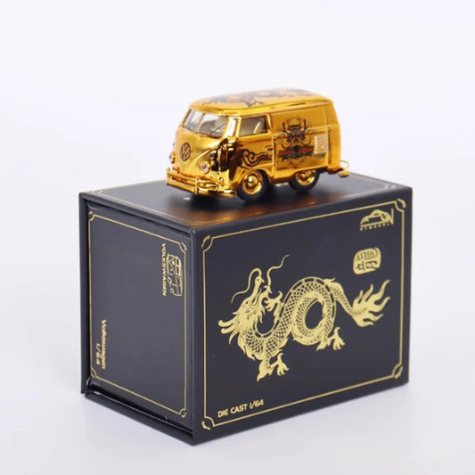 Diecast Alloy 1/64 Scale VW T1 wide-body van station Wagon/Mini Year of the Dragon Limited Edition Car Model Holiday Gifts Toys