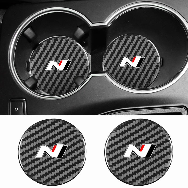 2Pcs Car Carbon Fiber Pattern Coaster Non Slip Water Cup Mat Anti-Dirt for Hyundai N nline tucson kona sonata veloster i30 i20