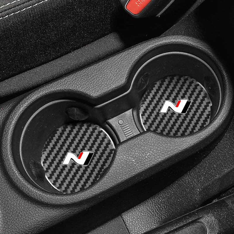 2Pcs Car Carbon Fiber Pattern Coaster Non Slip Water Cup Mat Anti-Dirt for Hyundai N nline tucson kona sonata veloster i30 i20